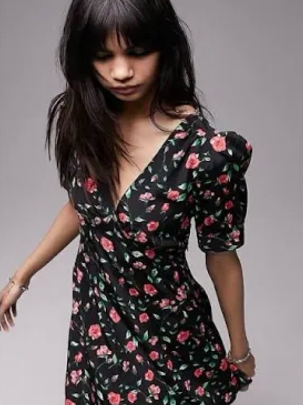 Top Shop Black Floral V-Neck Puff Sleeve Mini Dress 8